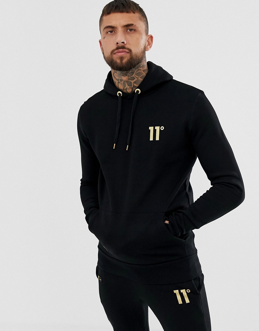 11 Degrees hoodie in black with gold logo