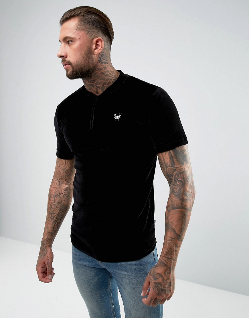 Intense Muscle T-Shirt In Black Velour With Half Zip - Black