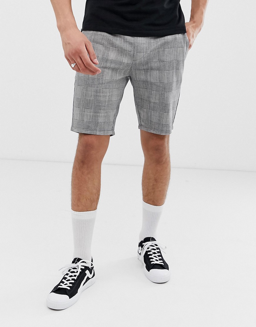 Only & Sons drawstring  check shorts in grey