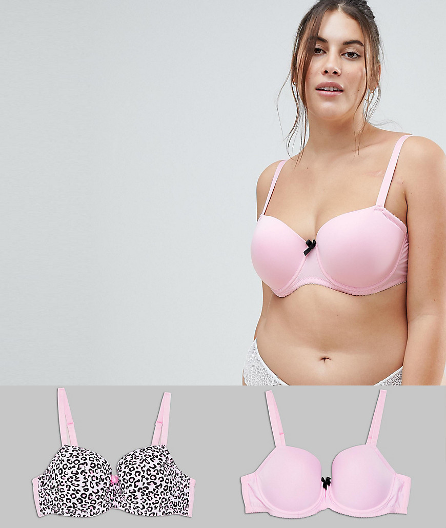 Yours 2 Pack Leopard Print & Pink Bra - Multicoloured