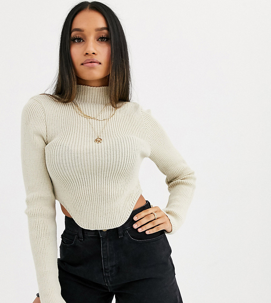 PrettyLittleThing Petite high neck jumper with curve hem in stone