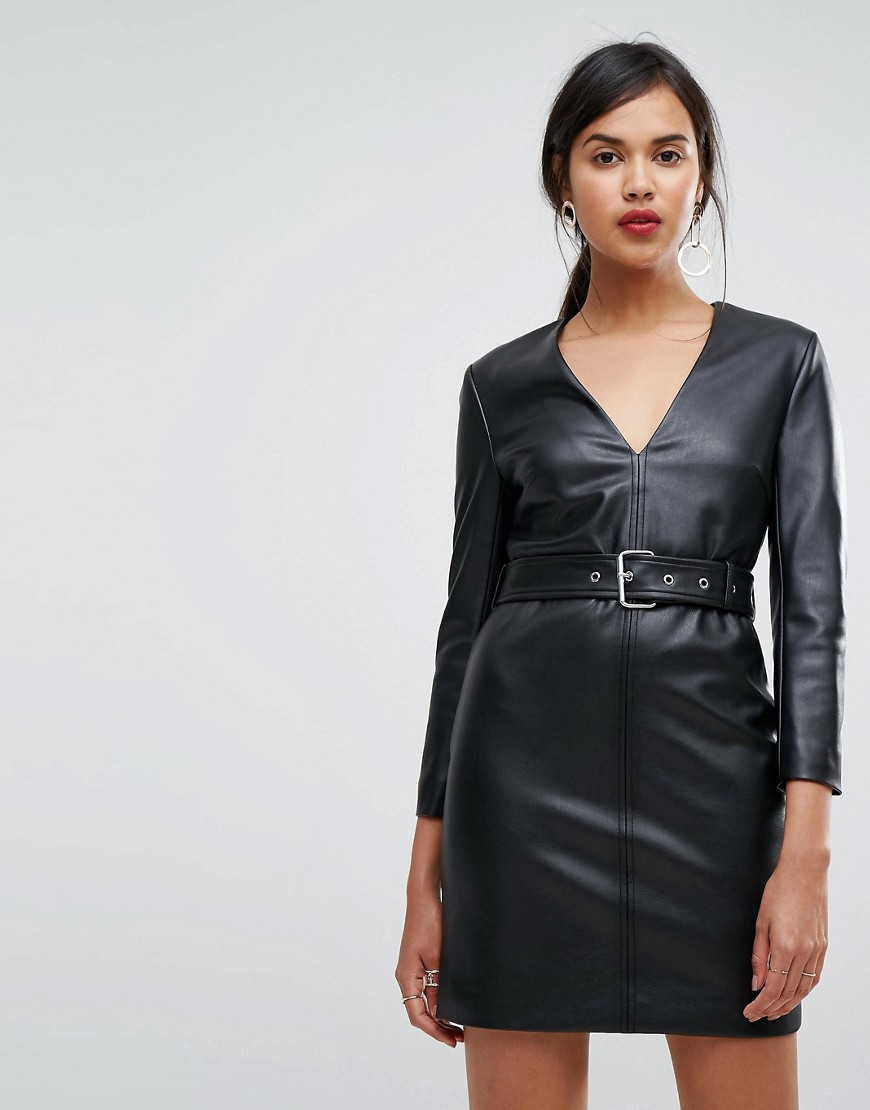 Ivyrevel PU Leather Bodycon Dress With Belt Detail - Black