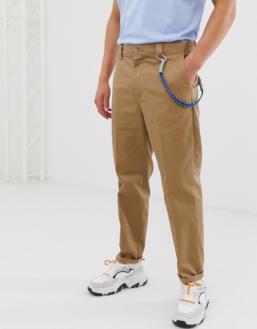 Bershka straight fit worker trouser with carabiner chain in beige