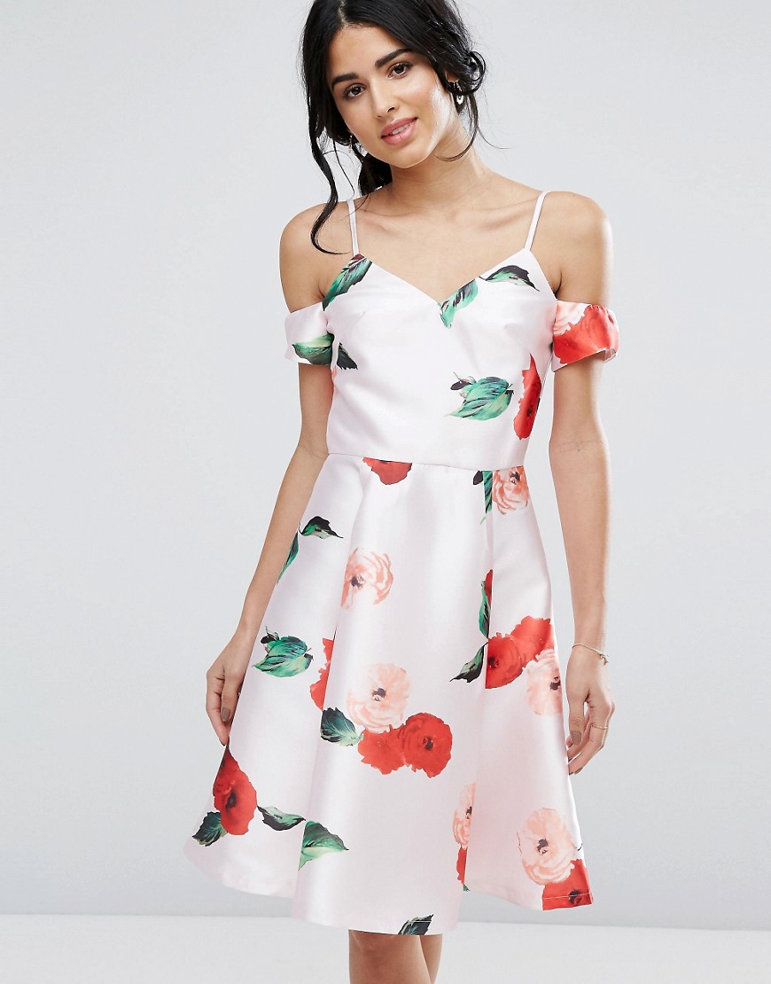 Chi Chi London Off Shoulder Midi Dress In Floral Print - Cream/red