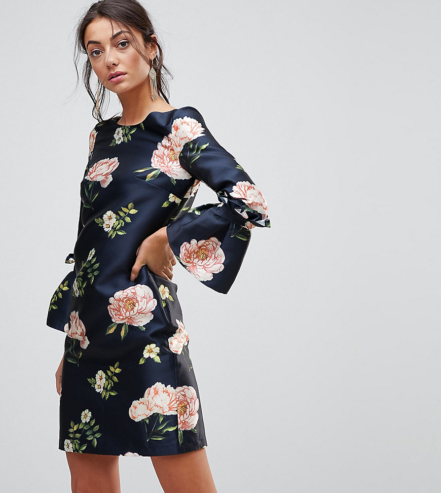 Chi Chi London Tall Satin Shift Dress in Floral Print with Voluminous Sleeve