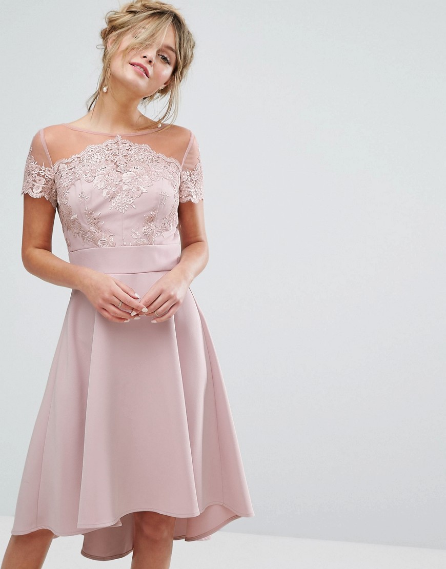 Chi Chi London Embroidered Lace Midi Dress With Full Satin Skirt - Mauve