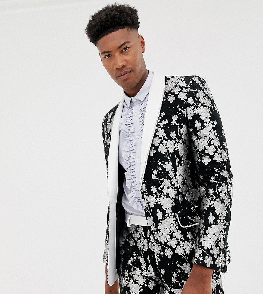 ASOS EDITION Tall slim tuxedo suit jacket in monochrome floral jacquard