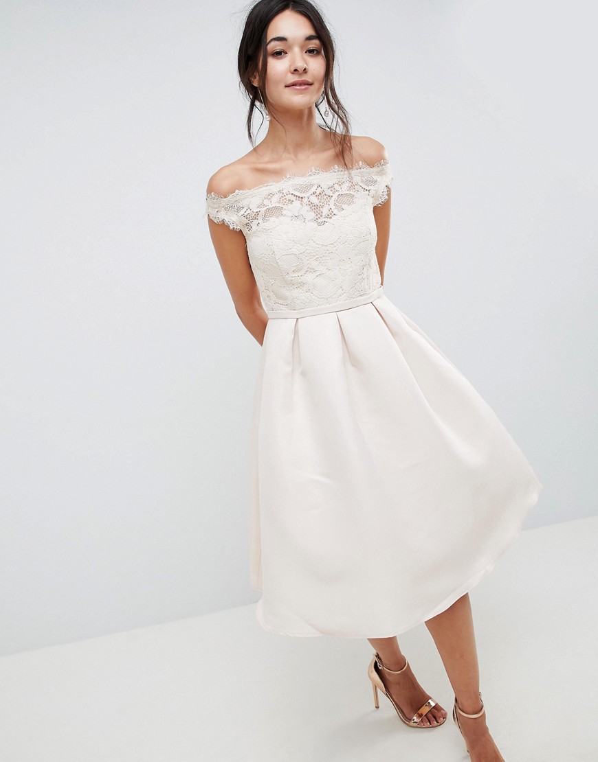 Little Mistress Bardot Midi Dress In With Premium Lace Top And Pleated Skirt