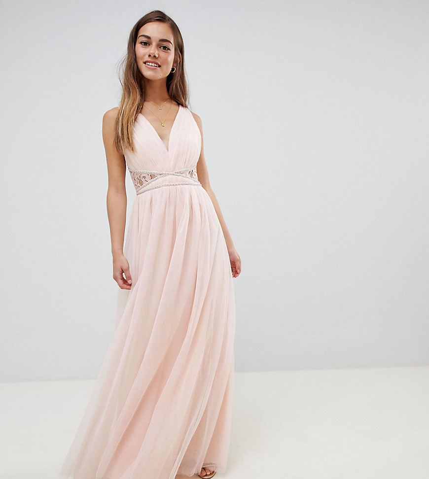 Little Mistress Petite embellished waist maxi dress with lace back in nude