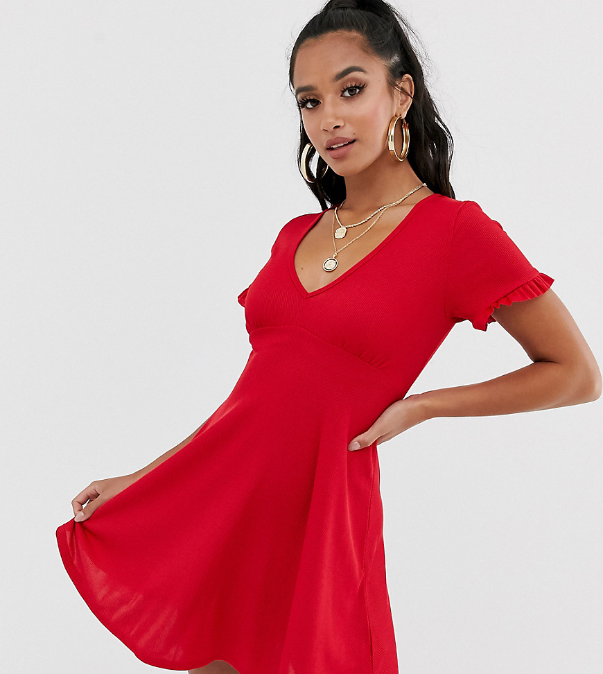 Boohoo Petite exclusive v neck tea dress in red