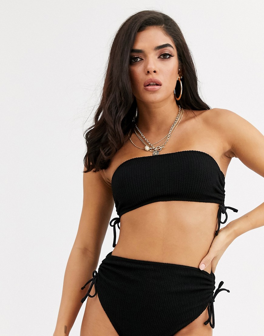 ASOS DESIGN mix and match crinkle ruched bandeau bikini top in black