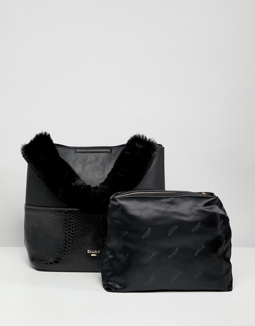 Dune Dixiee Black Faux Croc Tote Bag With Faux Fur Handle And Detachable Strap