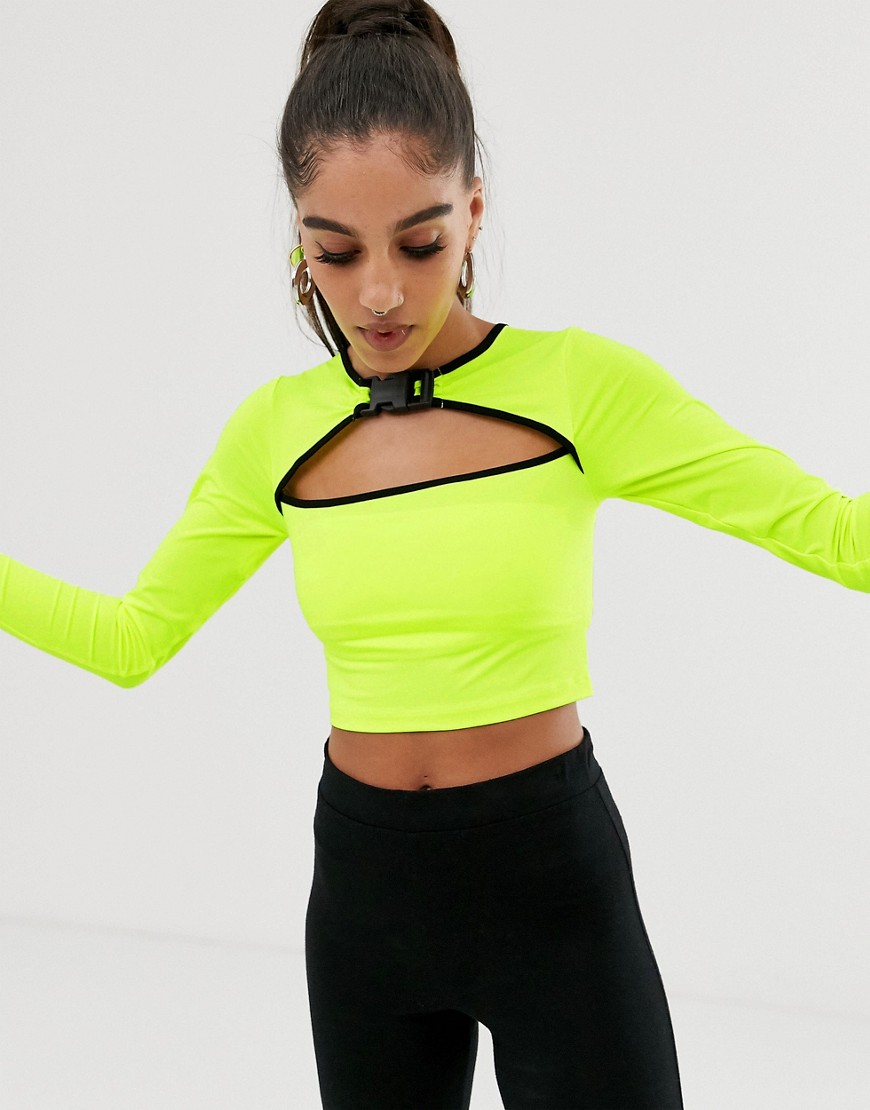 ASOS DESIGN cut out front crop top with clip and contrast binding in neon yellow