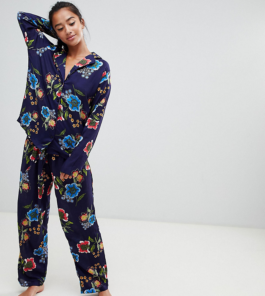 ASOS DESIGN Petite Abstract Navy Floral Traditional 100% Modal Trouser Set