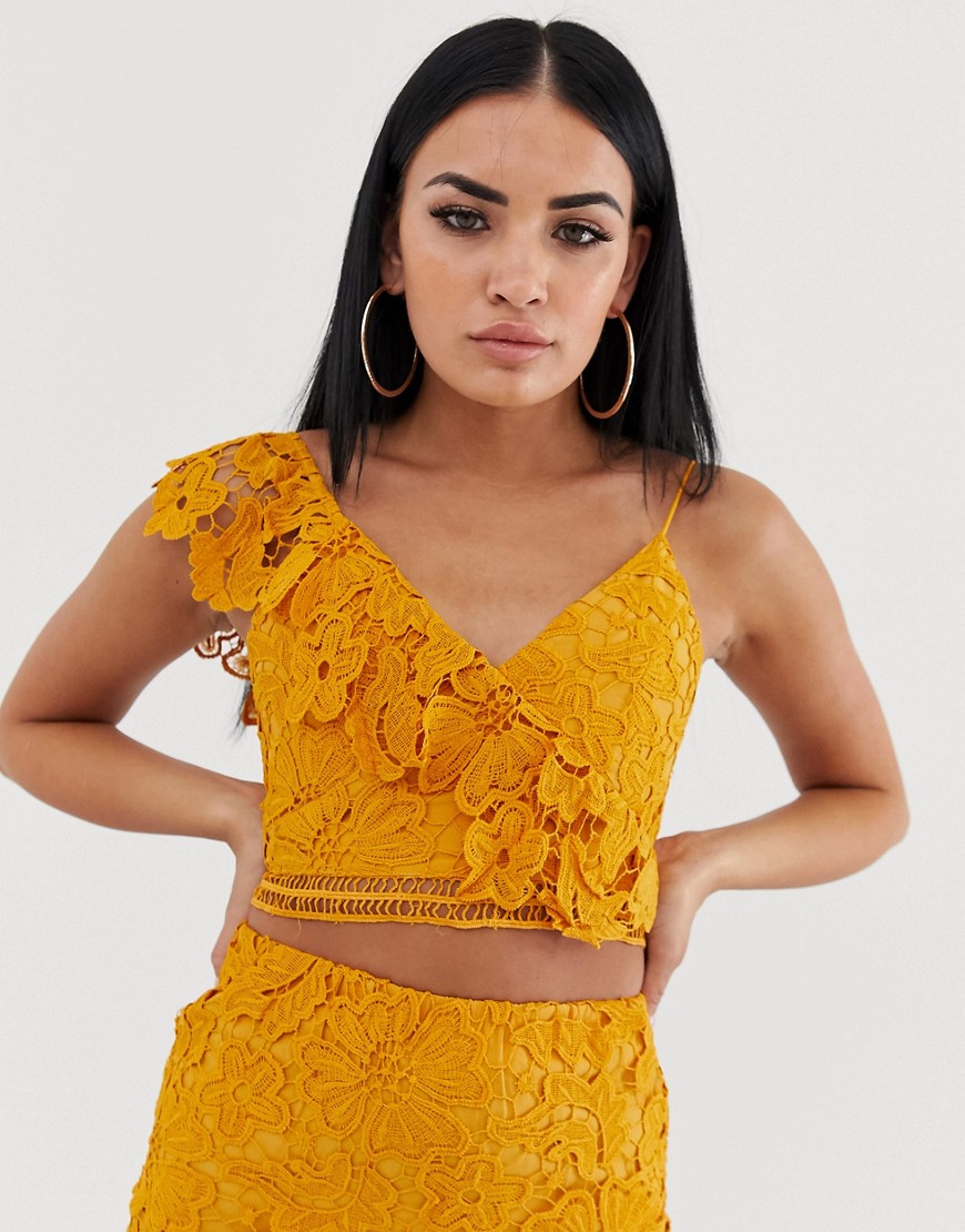 Love Triangle one shoulder crochet crop top in burnt yellow