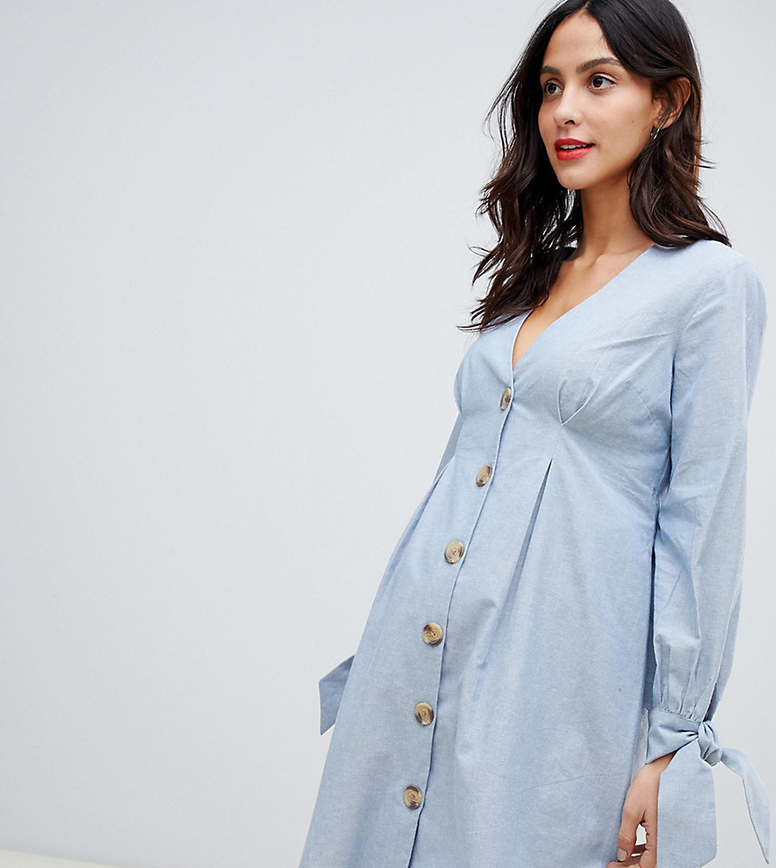 ASOS DESIGN Maternity button through mini casual skater dress with tie sleeves in chambray