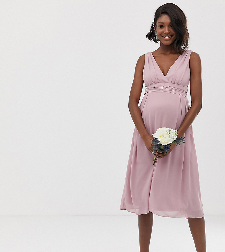 TFNC Maternity bridesmaid exclusive wrap front midi dress with tie back in pink