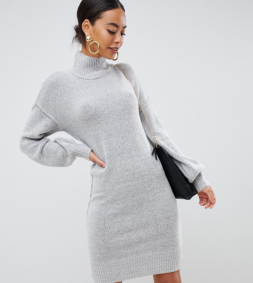 Fashion Union Tall Knitted Dress With Balloon Sleeves - Grey marl