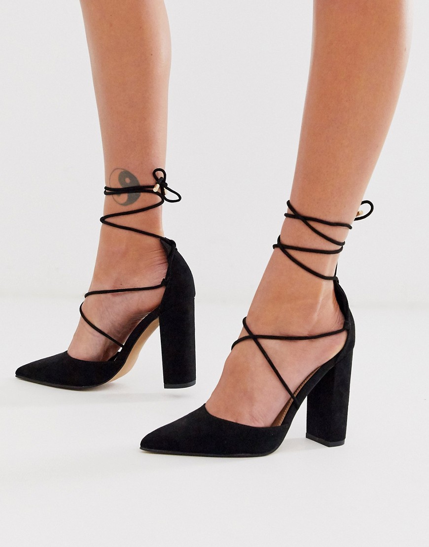 ASOS DESIGN Power Trip tie leg high block heels in black