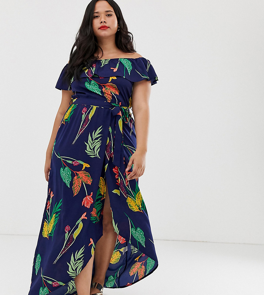 Influence Plus off shoulder maxi dress in navy floral