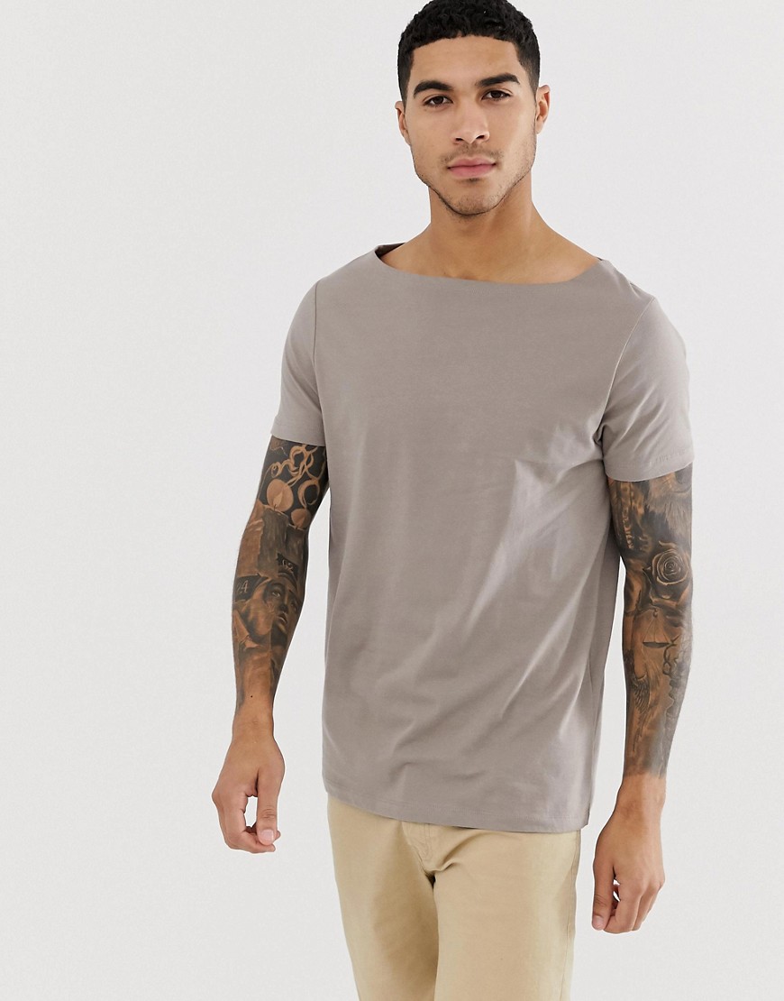 Asos Design Relaxed T-shirt With Boat Neck In Beige-neutral