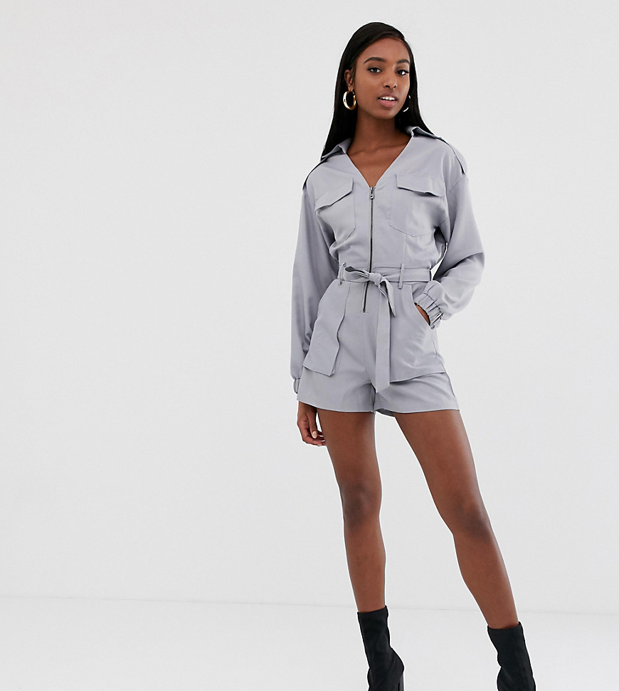 Missguided Tall utility belted playsuit in grey