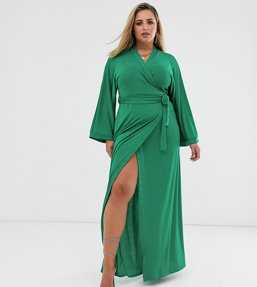 Missguided Plus slinky wrap maxi dress in green