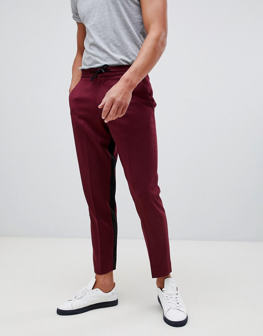 ASOS DESIGN cigarette crop trouser in burgundy with contrast insert stripe