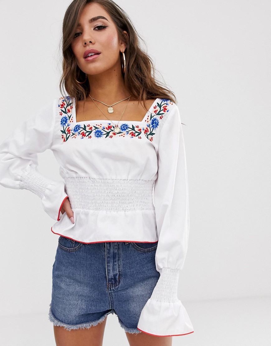 PrettyLittleThing blouse with square neck and embroidery in white