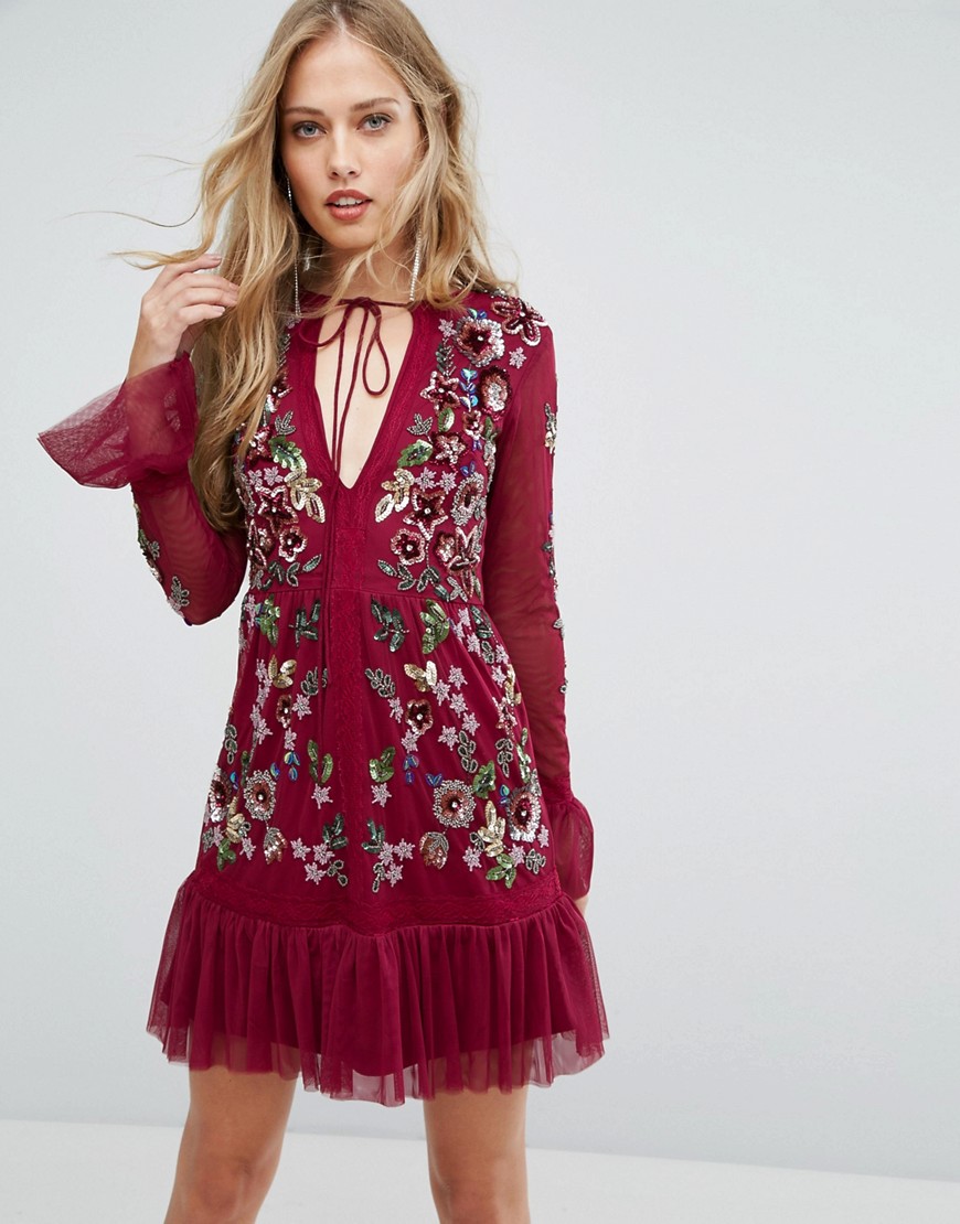Frock and Frill Embroided Skater Dress with Frill Details - Burgundy