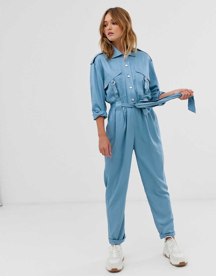 Asos Design Utility Belted Boilersuit With Popper Detail And Pockets-multi
