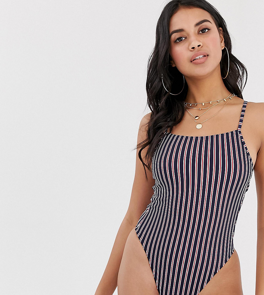 Boohoo square neck swimsuit with strappy back detail in multi stripe
