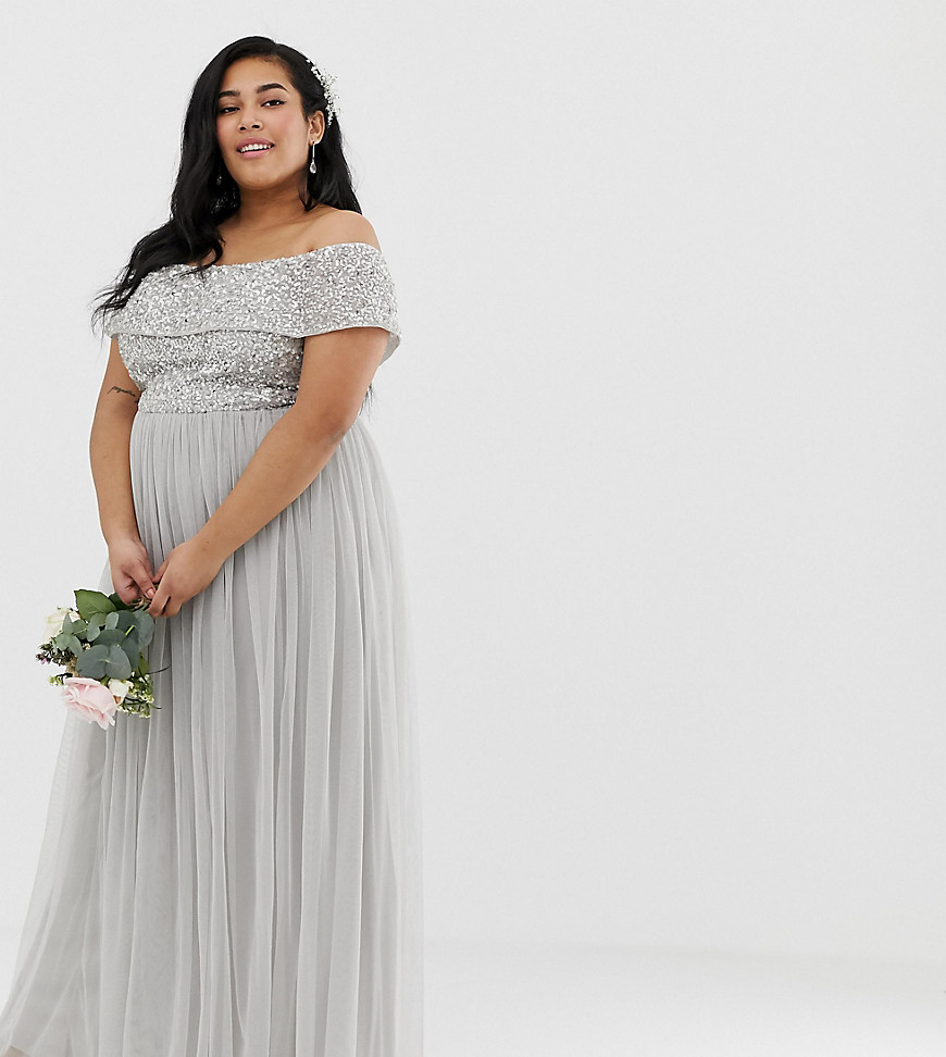 Maya Plus Bridesmaid bardot maxi tulle dress with tonal delicate sequins in silver