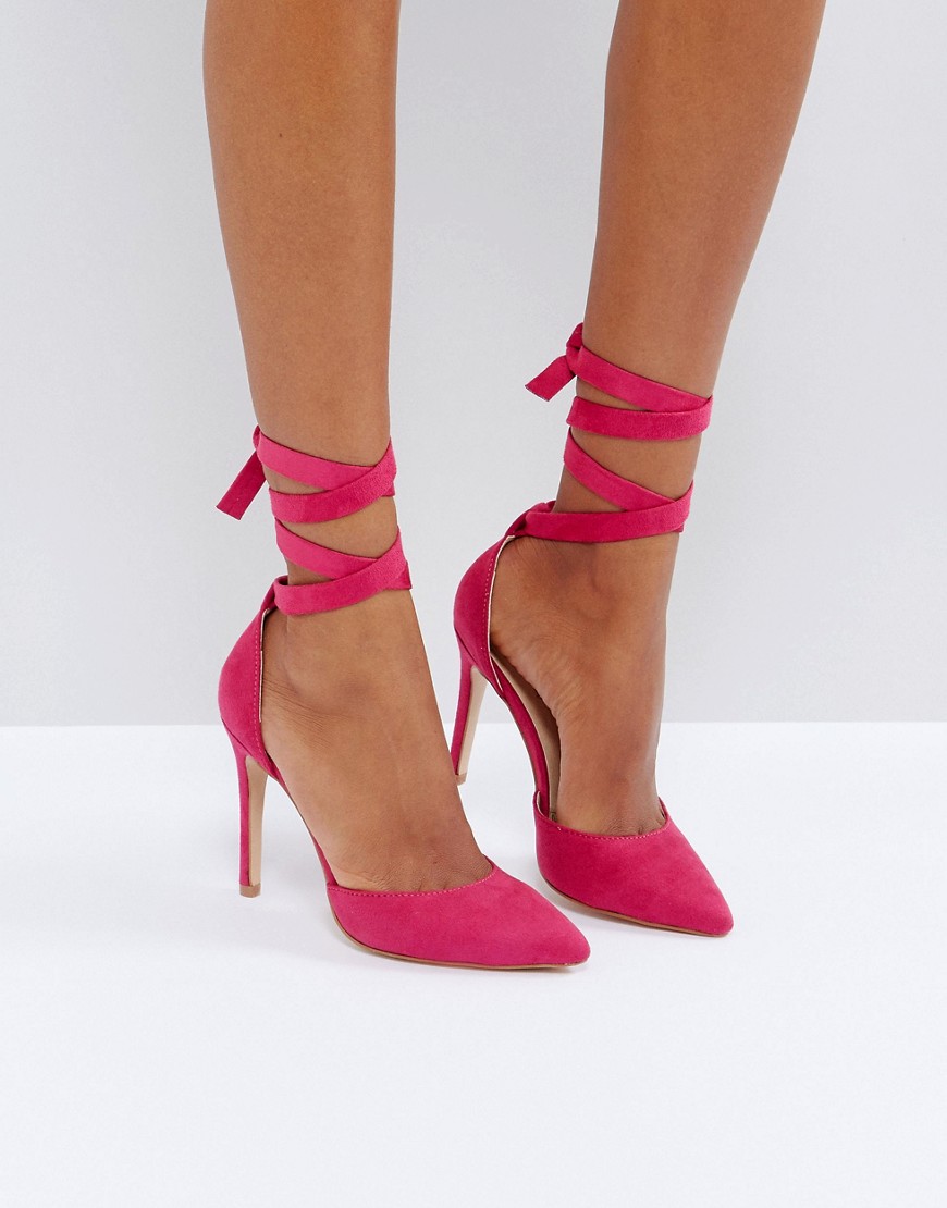 Truffle Collection Tie Ankle 2Part Point High Heels - Hot pink micro