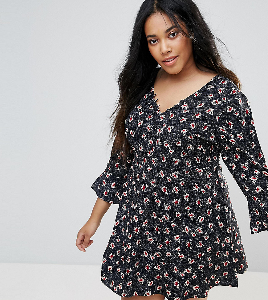 Influence Plus Rouleaux Loop And Button Detail Floral Dress With Flared Sleeves - Black