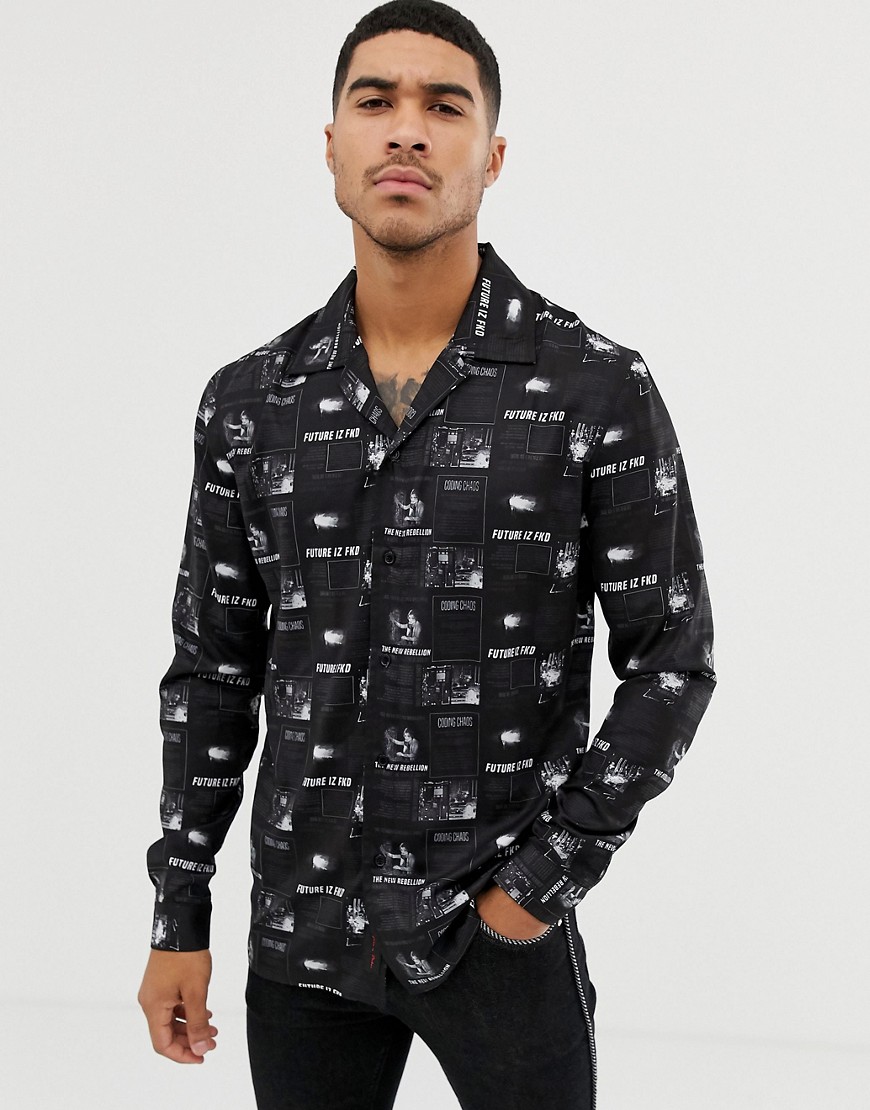 Liquor N Poker revere collar shirt with picture print in black