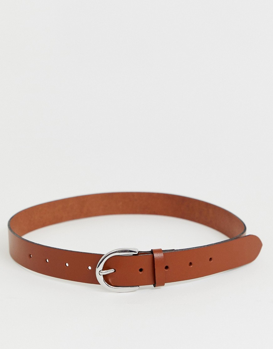 ASOS DESIGN leather jeans belt in tan with oval buckle