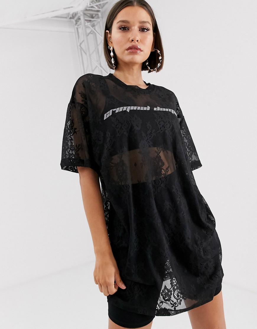Criminal Damage lace t-shirt dress with reflective logo