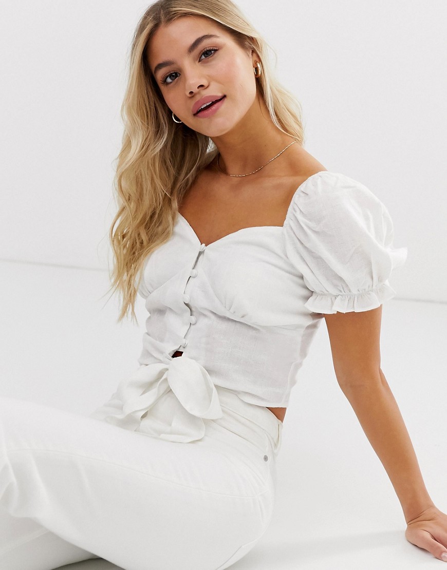 QED London sweetheart neckline cropped blouse with puff sleeves and tie waist
