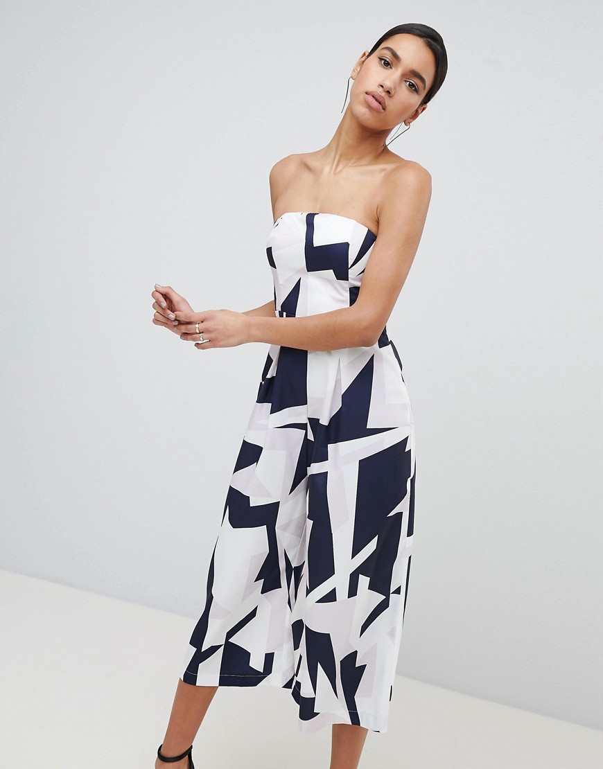 Parallel Lines Bandeau Wide Leg Jumpsuit In Abstract Print - Lilac navy abstract