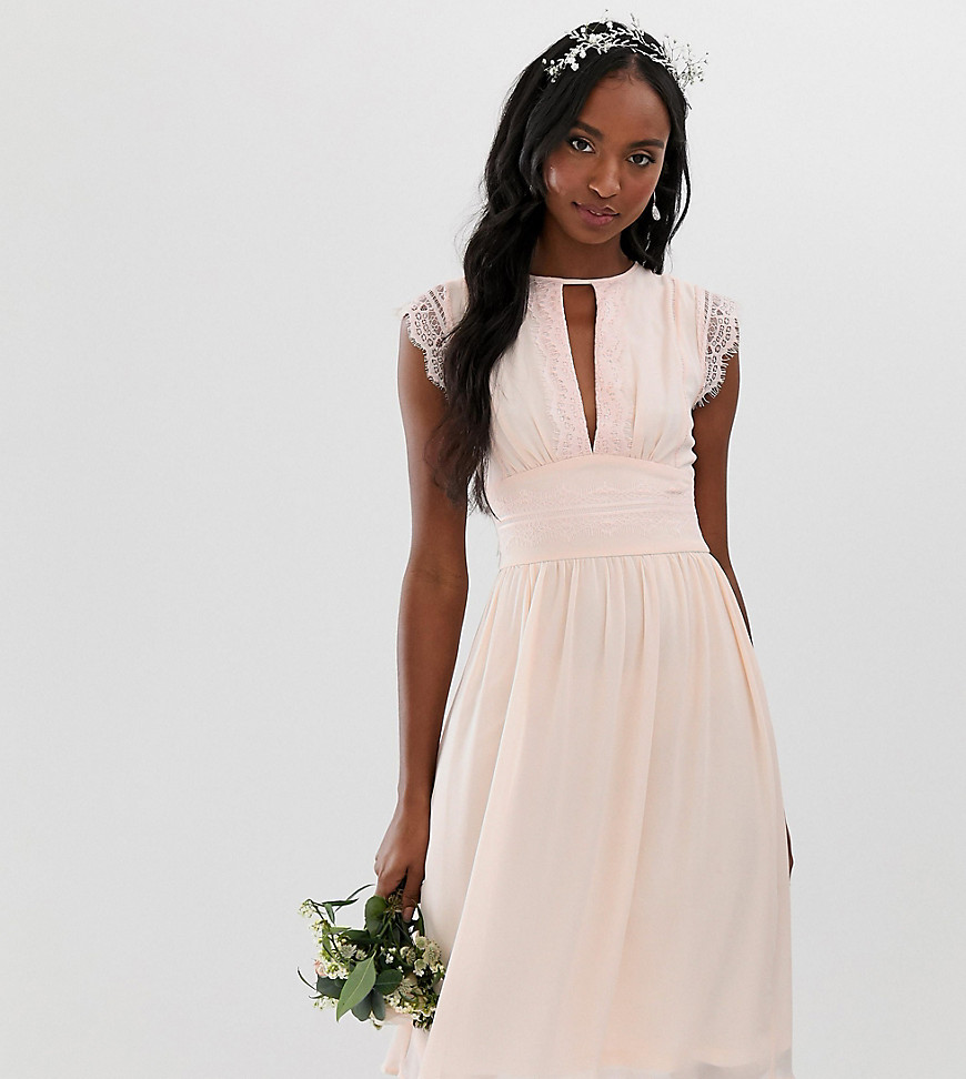 TFNC Tall lace detail midi bridesmaid dress in pearl pink