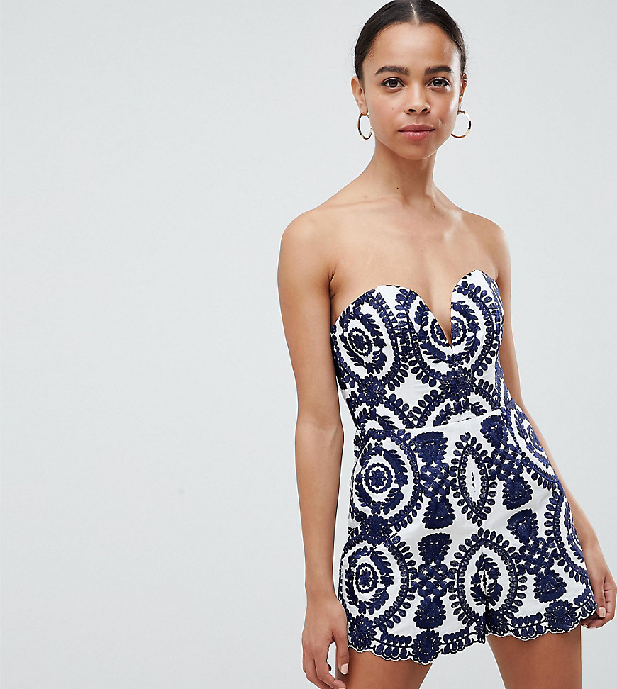 ASOS DESIGN Petite Bandeau Playsuit In Broderie - Navy/white