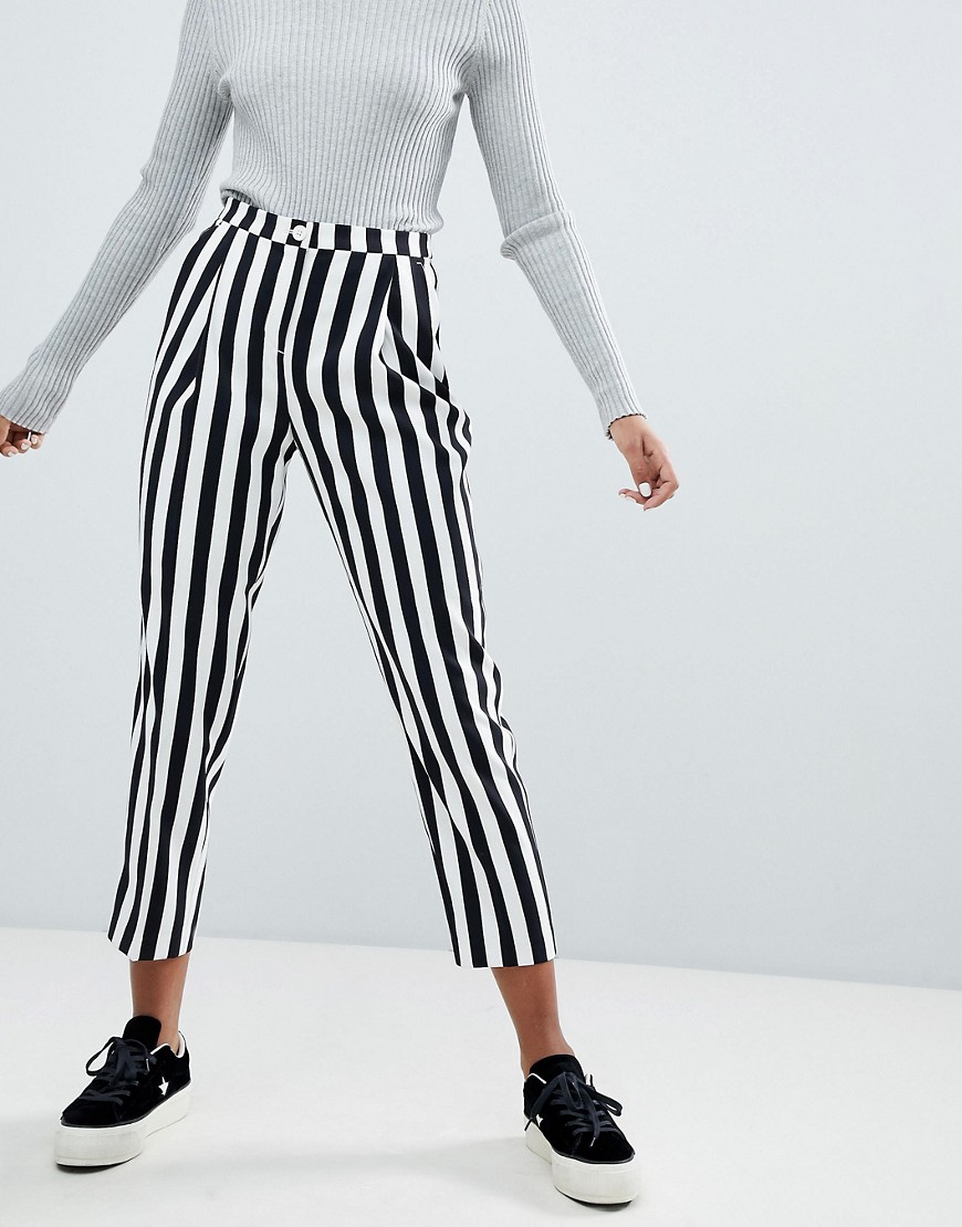 Monki Stripe Slim Casual Trousers - Black white stripe