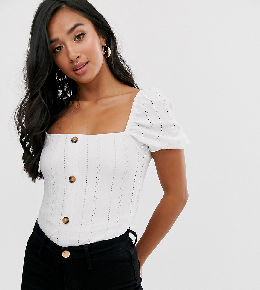 River Island Petite button through top with puff sleeves in white