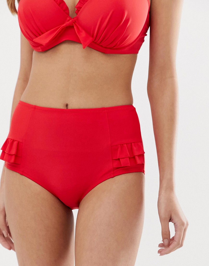 Pour Moi Splash frill high waist control bikini brief in red