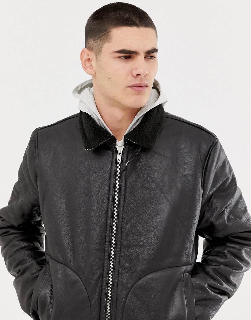 Bellfield leather aviator jacket with borg lining in black