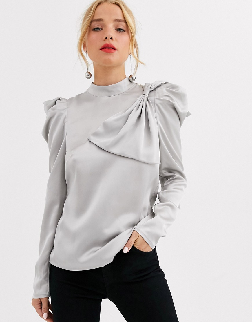 Little Mistress satin top with statement shoulders and bow detail in grey