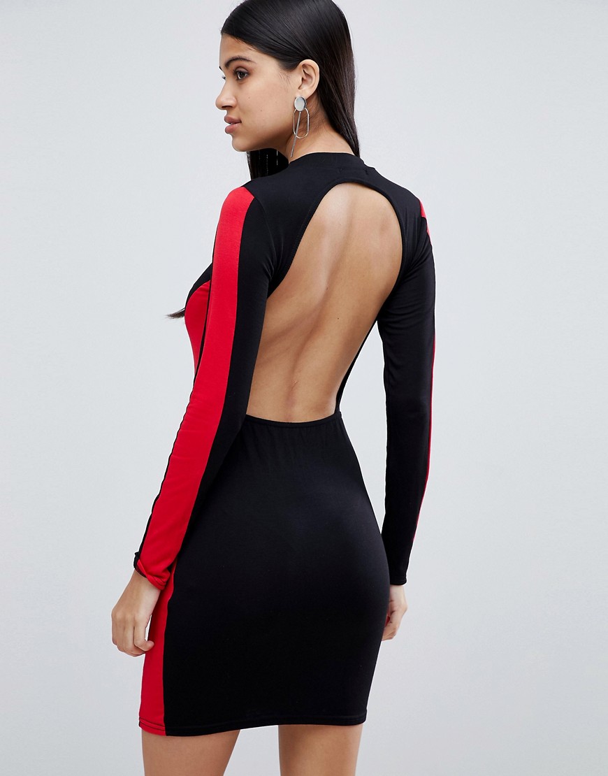 Lasula high neck bodycon dress with open back in black