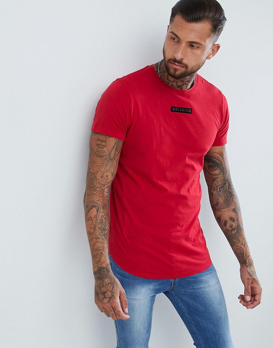 Religion muscle fit t-shirt with curved hem in washed red - Red