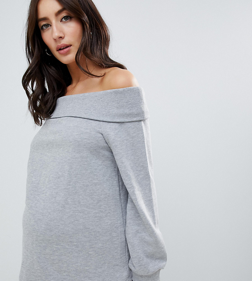 ASOS DESIGN Maternity off shoulder sweatshirt with foldover in grey - Grey